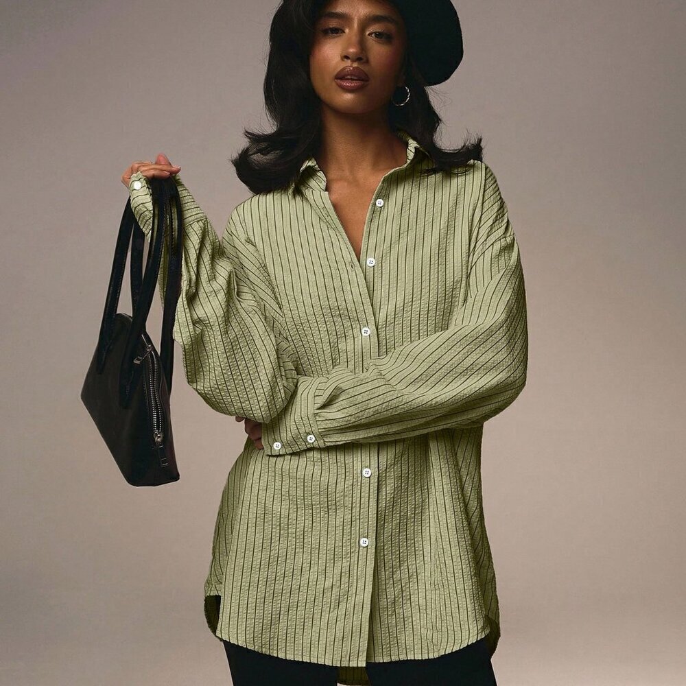 Green Casual Womens Long Sleeve Striped Front Button Blouse - Picture 3 of 5